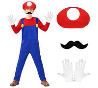 BSBUY Costume de Héros d'enfance pour Enfant Adulte, Ensemble de Mario Luigi Costume de Cosplay avec Pantalon, Barbe, Gants, Costume de Plombier Unisexe