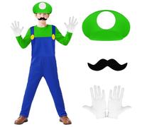 BSBUY Costume de Héros d'enfance pour Enfant, Super Brothers Enfant, Ensemble de Mario Luigi-Bros Costume de Cosplay avec Pantalon, Barbe, Gants, Costume de Plombier Super Brothers pour Garçon Fille