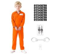 BSBUY Costume de Prisonnier pour Enfant, 3PCS Deguisement Prisonnier Orange Combinaison avec Menottes&Autocollant, Costume de Halloween Carnaval Garçon, Déguisement de Voleur, Bagnard, Détenu
