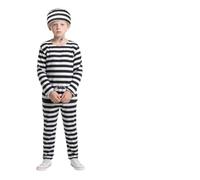 BSBUY Costume de Prisonnier pour Enfant, 5PCS Deguisement Prisonnier Rayé Noir et Blanc avec Menottes&Autocollant, Costume de Halloween Carnaval Garçon, Déguisement de Voleur, Bagnard, Détenu