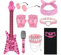 BSBUY Costumes de Punk Rock Accessoires, 10Pcs Kit de Gothique Rocker pour Adultes Enfant avec Collier, Foulard, Guitare Gonflable et Microphone, Accessoires Punk pour Fête des Années 70 80 90