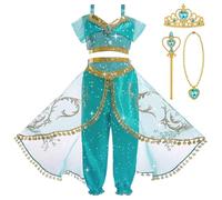 BSBUY Deguisement de Princesse Jasmine Fille, Robe de Princesse Aladdin Enfant, Costume de Princesse Fille, Robe de Soirée Fille, Déguisement Halloween Anniversaire Vêtements Carnaval Cosplay-110