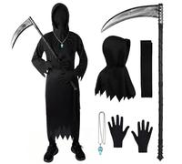 BSBUY Deguisement Halloween Faucheuse Enfant, 6Pcs Costume de Faucheuse avec Gants/Faux de la Mort/Collier de Crâne Lumineux/Ceinture/Capuche, Costume Scream, Costume Fantôme, Ghostface Costume