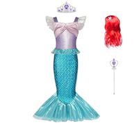 BSBUY Deguisement Robe Petite Sirene Ariel, Costume Princesse Ariel avec Perruque, Robe Princesse Costume de Sirene, Fancy Dress Noël Carnaval D'anniversaire Fêté Cosplay