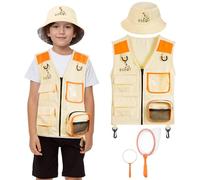 BSBUY Kit de Exploration Enfant, 4Pcs Kit de Aventurier Extérieur avec Gilet de Safari, Chapeau, Filet à Papillon, Loupe, Équipement de Explorateur Extérieur, Cadeau de Jouets Exploration pour Enfant
