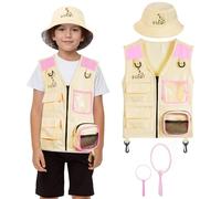BSBUY Kit de Exploration Enfant, 4Pcs Kit de Aventurier Extérieur avec Gilet de Safari, Chapeau, Filet à Papillon, Loupe, Équipement de Explorateur Extérieur, Cadeau de Jouets Exploration pour Enfant