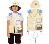 BSBUY Kit de Exploration Enfant, 4Pcs Kit de Aventurier Extérieur avec Gilet de Safari, Chapeau, Filet à Papillon, Loupe, Équipement de Explorateur Extérieur, Cadeau de Jouets Exploration pour Enfant