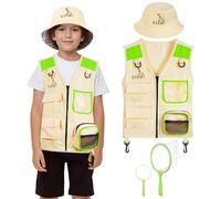 BSBUY Kit de Exploration Enfant, 4Pcs Kit de Aventurier Extérieur avec Gilet de Safari, Chapeau, Filet à Papillon, Loupe, Équipement de Explorateur Extérieur, Cadeau de Jouets Exploration pour Enfant