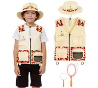 BSBUY Kit d'exploration Enfants, 4Pcs Costume Explorateur Extérieur Camouflage avec Filet à Papillons et Loupe, Kit de Aventurier Extérieur, Cadeau d'exploration Nature pour Garçon Fille, Orange
