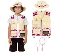 BSBUY Kit d'exploration Enfants, 4Pcs Costume Explorateur Extérieur Camouflage avec Filet à Papillons et Loupe, Kit de Aventurier Extérieur, Cadeau d'exploration Nature pour Garçon Fille, Rose