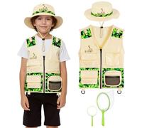 BSBUY Kit d'exploration Enfants, 4Pcs Costume Explorateur Extérieur Camouflage avec Filet à Papillons et Loupe, Kit de Aventurier Extérieur, Cadeau d'exploration Nature pour Garçon Fille, Vert