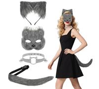 BSBUY Queue de Chat/Renard en Fausse Fourrure pour Enfant/Adulte, 4Pcs Ensemble de Énorme Queue Moelleuse avec Masque Renard Noeud Papillon, Accessoire Costumes de Renard Animal Halloween Carnaval