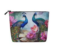 BSCKKDMN Belle trousse de maquillage pour femme, motif paons et lotus, étanche, en lin, légère à fermeture éclair, trousse de toilette de voyage, organisateur de pinceaux de maquillage, sac de