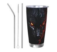 BSCKKDMN Gobelet isotherme avec couvercle et paille - 591 ml - Tasse à café de voyage en acier inoxydable à double paroi - Grand loup noir avec yeux rouges - Bouteille d'eau étanche - Cadeau pour