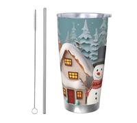 BSCKKDMN Gobelet isotherme avec couvercle et paille - 591 ml - Tasse à café de voyage en acier inoxydable à double paroi - Tasse à thé - Bonhomme de neige et village - Bouteille d'eau étanche - Cadeau