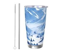 BSCKKDMN Gobelet isotherme avec couvercle et paille - 591 ml - Tasse à café de voyage en acier inoxydable à double paroi - Beau paysage de montagnes enneigées - Bouteille d'eau étanche - Cadeau pour