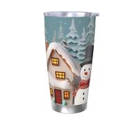 BSCKKDMN Gobelet isotherme avec couvercle et paille - 591 ml - Tasse à café de voyage en acier inoxydable à double paroi - Tasse à thé - Bonhomme de neige et village - Bouteille d'eau étanche - Cadeau