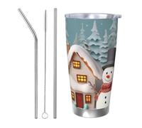 BSCKKDMN Gobelet isotherme avec couvercle et paille - 591 ml - Tasse à café de voyage en acier inoxydable à double paroi - Tasse à thé - Bonhomme de neige et village - Bouteille d'eau étanche - Cadeau