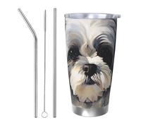 BSCKKDMN Gobelet isotherme avec couvercle et paille - 591 ml - Tasse à café de voyage en acier inoxydable à double paroi - Tasse à thé Shih Tzu - Bouteille d'eau étanche - Cadeau pour homme et femme