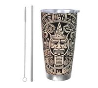 BSCKKDMN Gobelet isotherme avec couvercle et paille - 591 ml - Tasse à café de voyage en acier inoxydable à double paroi - Calendrier maya - Bouteille d'eau étanche - Cadeau pour homme et femme