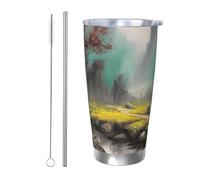 BSCKKDMN Gobelet isotherme avec couvercle et paille - 591 ml - Tasse à café de voyage en acier inoxydable à double paroi - Peinture de paysage - Bouteille d'eau étanche - Cadeau pour homme et femme