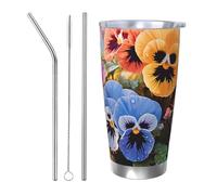 BSCKKDMN Gobelet isotherme avec couvercle et paille - 591 ml - Tasse à café de voyage en acier inoxydable à double paroi - Motif fleurs de pensée - Bouteille d'eau étanche - Cadeau pour homme et femme