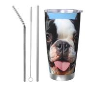 BSCKKDMN Gobelet isotherme avec couvercle et paille - 591 ml - Tasse à café de voyage en acier inoxydable à double paroi - Joli terrier de Boston - Bouteille d'eau étanche - Cadeau pour homme et femme