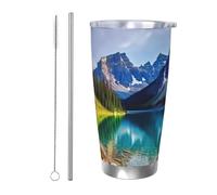 BSCKKDMN Gobelet isotherme avec couvercle et paille - 591 ml - Tasse à café de voyage en acier inoxydable à double paroi - Paysage de lac et de montagne - Bouteille d'eau étanche - Cadeau pour homme