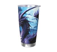 BSCKKDMN Gobelet isotherme avec couvercle et paille - 591 ml - Tasse à café de voyage en acier inoxydable à double paroi - Tasse à thé étanche - Motif dragon violet et lune - Cadeau pour homme et