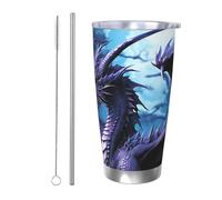 BSCKKDMN Gobelet isotherme avec couvercle et paille - 591 ml - Tasse à café de voyage en acier inoxydable à double paroi - Tasse à thé étanche - Motif dragon violet et lune - Cadeau pour homme et
