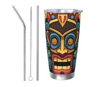 BSCKKDMN Gobelet isotherme avec couvercle et paille - 591 ml - Tasse à café de voyage en acier inoxydable à double paroi - Motif masque Tiki coloré - Bouteille d'eau étanche - Cadeau pour homme et