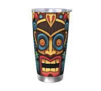 BSCKKDMN Gobelet isotherme avec couvercle et paille - 591 ml - Tasse à café de voyage en acier inoxydable à double paroi - Motif masque Tiki coloré - Bouteille d'eau étanche - Cadeau pour homme et