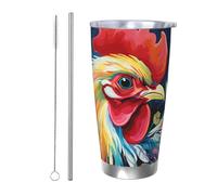 BSCKKDMN Gobelet isotherme avec couvercle et paille - 591 ml - Tasse à café de voyage en acier inoxydable à double paroi - Motif poulet coloré - Bouteille d'eau étanche - Cadeau pour homme et femme