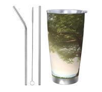 BSCKKDMN Gobelet isotherme avec couvercle et paille - Tasse à café de voyage en acier inoxydable à double paroi - Tasse à thé avec paysage de branche - Bouteille d'eau étanche - Cadeau pour homme et