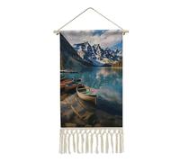 BSCKKDMN Moraine Lake Canoes Poster à suspendre en coton et lin avec pompon long vertical à suspendre au mur Tapisserie murale Œuvre d'art Décoration pour salon, bureau, chambre à coucher, 25,4 x 50,6