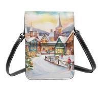 BSCKKDMN Petit sac à bandoulière en cuir synthétique pour femme Motif village de Noël aquarelle
