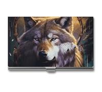 BSCKKDMN Porte-cartes de visite fin et portable en métal - Motif loups et attrape-rêves - Pour homme et femme