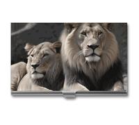 BSCKKDMN Porte-cartes de visite fin et portable en métal pour homme et femme Motif lions