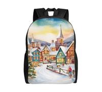 BSCKKDMN Sac à dos de voyage pour ordinateur portable pour homme et femme, imperméable, léger, mignon, aquarelle, village de Noël, sac à dos décontracté