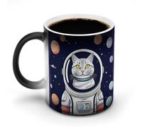 BSCKKDMN Tasse à café magique en céramique de 325 ml - Sensible à la chaleur - Changement de couleur - Tasse à café chat dans l'espace - Tasse à thé pour homme et femme
