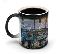 BSCKKDMN Tasse à café magique en céramique de 325 ml - Sensible à la chaleur - Changement de couleur - Tasse à café en avion, cockpit et lever du soleil - Pour homme et femme