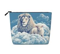 BSCKKDMN Trousse de maquillage en lin imperméable avec motif d'agneau avec un lion pour femme, trousse de toilette de voyage légère à fermeture éclair, sac de rangement pour pinceaux de maquillage