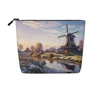 BSCKKDMN Trousse de maquillage en lin imperméable avec motif moulin à vent traditionnel pour femme, trousse de toilette de voyage légère à fermeture éclair, sac de rangement pour pinceaux de