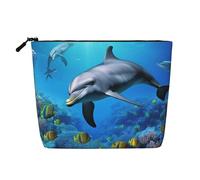 BSCKKDMN Trousse de maquillage pour femme, motif dauphin dans le récif de corail, trousse de maquillage de voyage en lin imperméable, légère avec fermeture éclair, trousse de toilette de voyage, sac