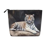 BSCKKDMN Trousse de maquillage tigre assise sur un rocher pour femme, trousse de maquillage de voyage en lin imperméable, légère à fermeture éclair, trousse de toilette de voyage, organisateur de