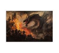 BSDFDFAA Impression sur toile Dark Fantasy Bataille de dragon - Château médiéval siège - Décoration murale pour salon, chambre à coucher - 50 x 75 cm