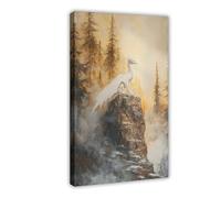 BSDFDFAA Impression sur toile représentant un dragon blanc majestueux surplombant la forêt brumeuse - Décoration pour chambre à coucher, bureau, chambre - Cadeau - 30 x 45 cm