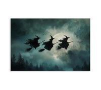 BSDFDFAA Impression sur toile « Three Witches Flying » - Pleine lune - Décoration murale d'Halloween - Pour chambre à coucher, bureau, chambre - Cadeau - 50 x 75 cm