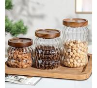 BSDLZCH Lot de 3 bocaux de rangement en verre à grains divers avec couvercle en bois d'acacia motif marteau, bocaux scellés pour grains de café, bouteilles de rangement