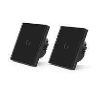 BSEED 1 Gang 1 Voie Interrupteur Général à Commande Tactile, Interrupteur Mural à Commande Tactile Avec Indicateur LED et Panneau en Verre 110V-240V Noir, 2 Paquets